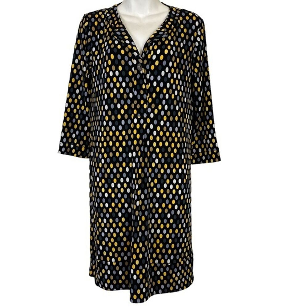 Chicos Black Yellow Gray Polka Dot Jersey Knit V-Neck Long Sleeve Dress S / 0
